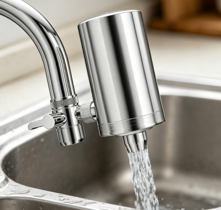Stainless Steel Faucet Filter | Dual-Outlet, 360° Rotatable Design | Purifies Water Quality | Removes Odors and Harmful Impurities